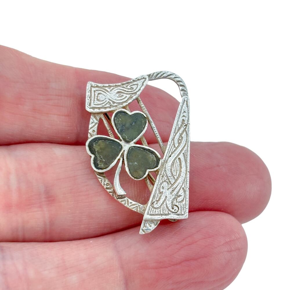 Vintage Sterling Silver 925 Connemara Marble Shamrock Harp Brooch